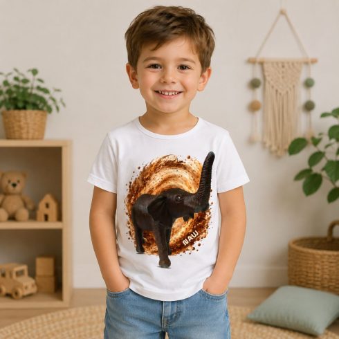 Elefánt mintás gyerek póló fiú modellen - Noel's Animal World