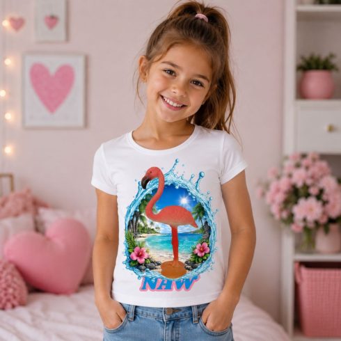 Flamingó mintás gyerek póló lány modellen - Noel's Animal World