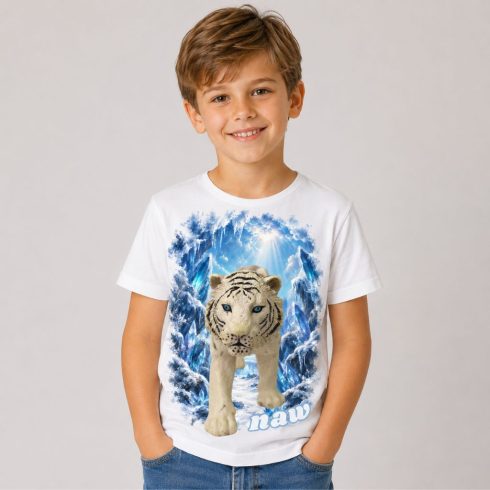 Fehér tigris mintás gyerek póló fiú modellen - Noel's Animal World