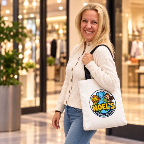 Mom Bag vászontáska bevásárlás közben modellen