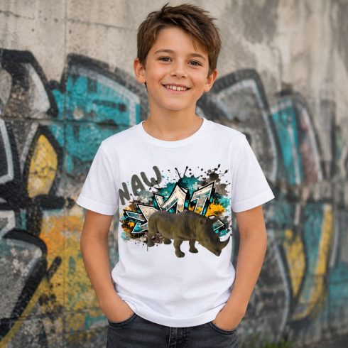 Orrszarvú mintás gyerek póló fiú modellen – Noel's Animal World