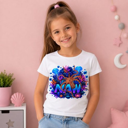 Polip mintás gyerek póló – lány modellen - Noel's Animal World