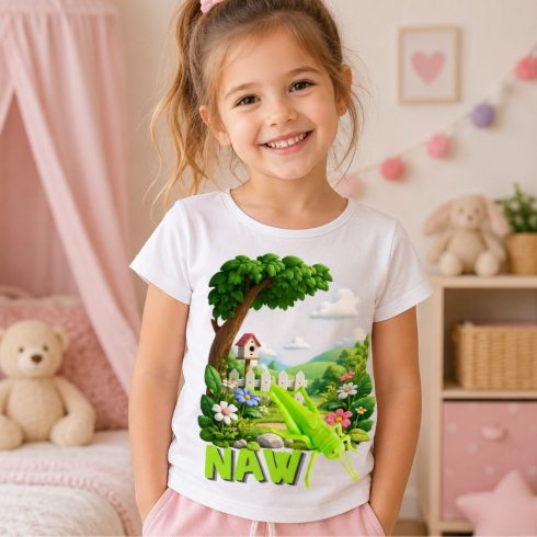 Szöcske mintás gyerek póló – lány modellen - Noel's Animal World