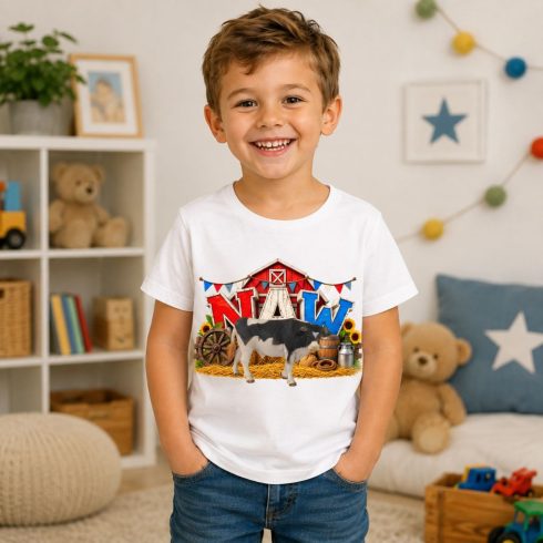 Tehén mintás gyerek póló – fiú modellen - Noel's Animal World