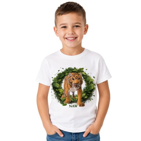 Tigris mintás gyerek póló – fiú modellen - Noel's Animal World