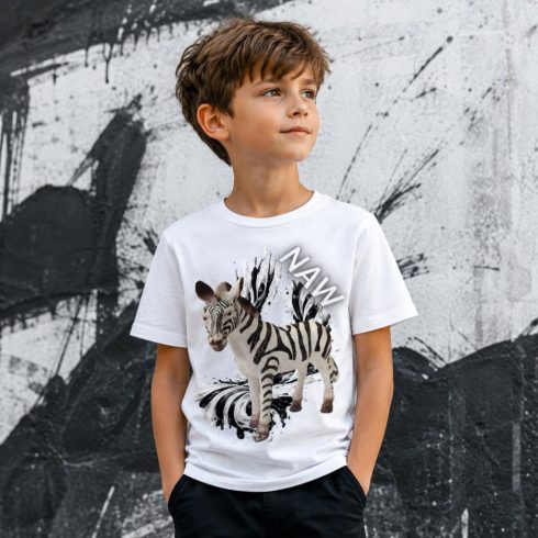 Zebra mintás gyerek póló – fiú modellen - Noel's Animal World